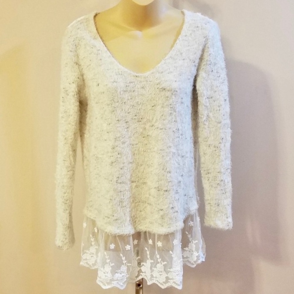 Soft Oatmeal Sweater with Lace Detail